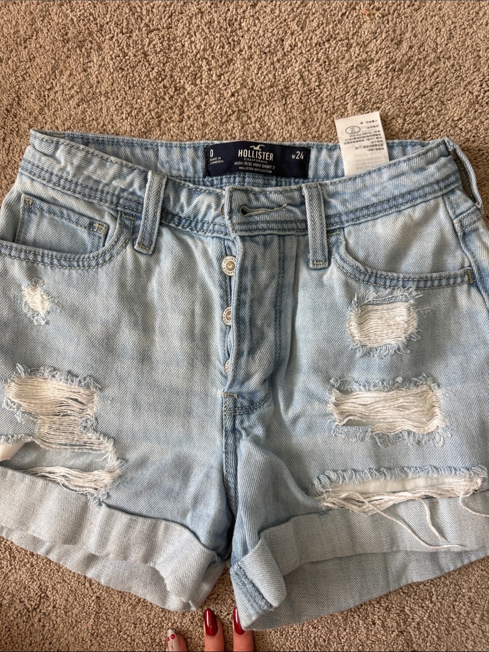 Hollister Light Wash Distressed Denim Roll-Hem Shorts- Size 0/W 24